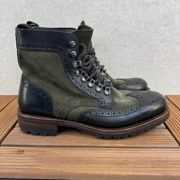 Frye George Adirondack Mens 8.5 Suede Leather Wingtip Lace Up Boots Olive Black - Picture 1 of 16